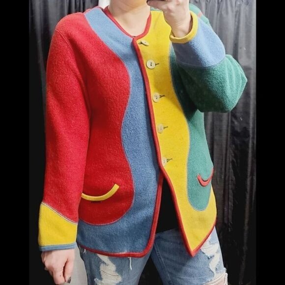 Vintage Geiger Colorblock Colorful Wool Green Red Yellow Jacket - Picture 10 of 16